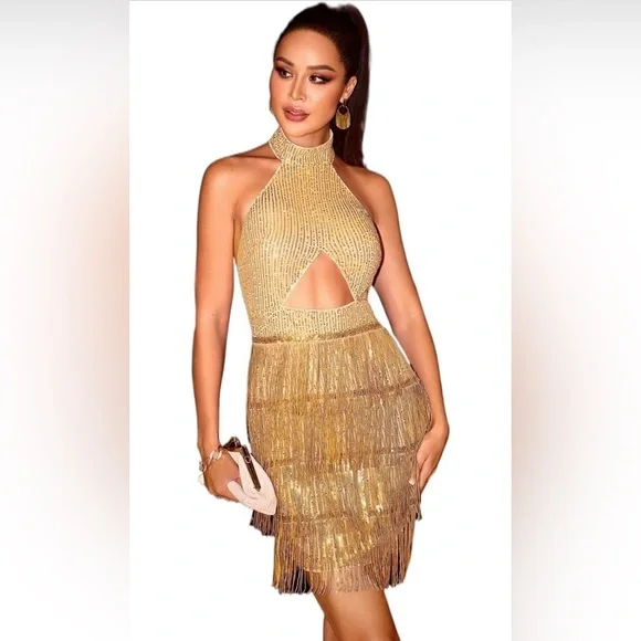 Dresses | Gold Womens Sequin Halter Mini Dresses | Poshmark